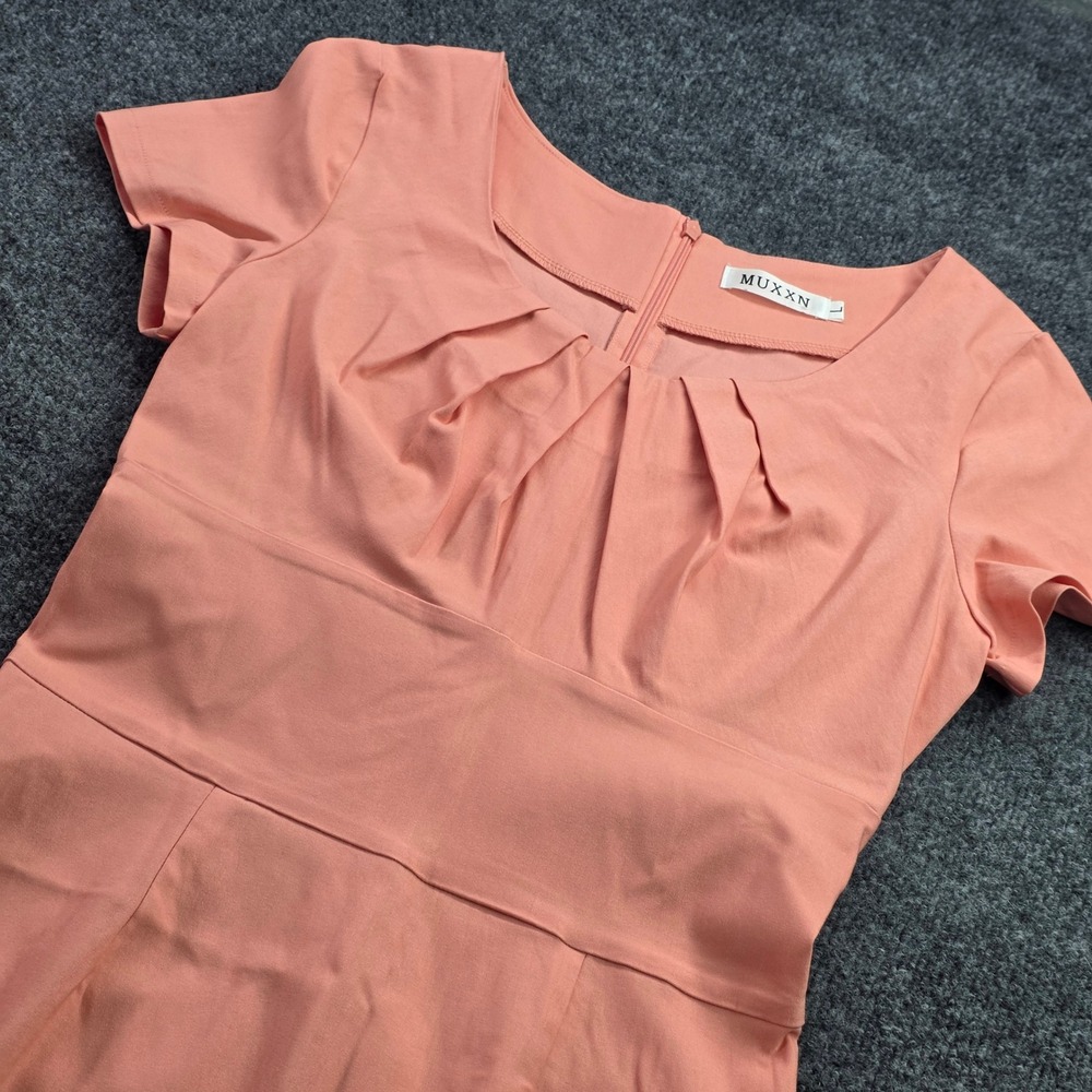 MUXXN Retro 50s Pencil Dress Pleated Wiggle Bodycon Large Peach Pink Womens L